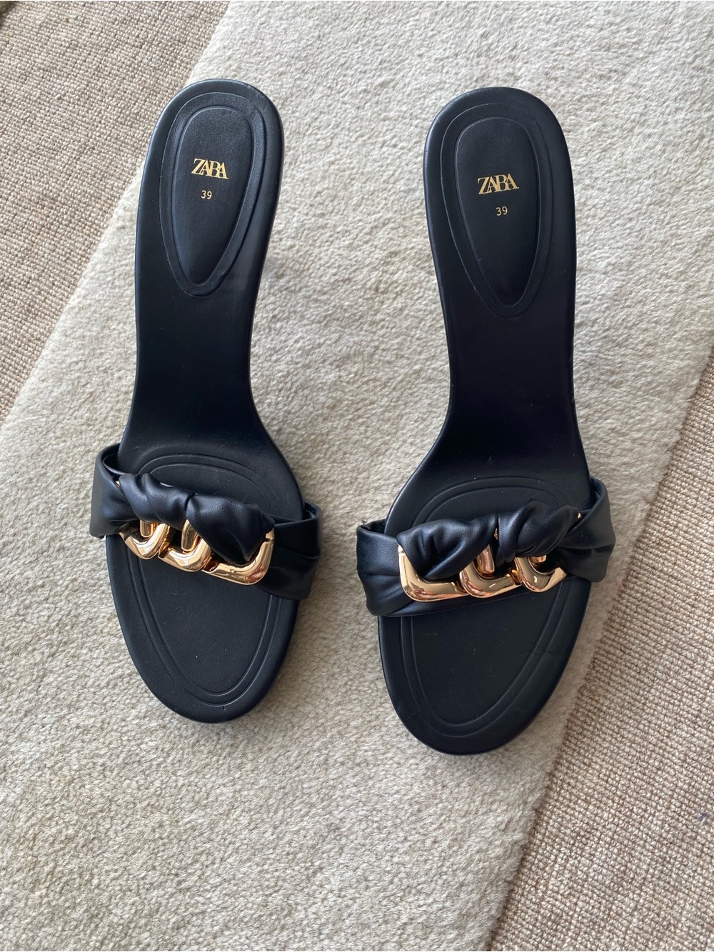 Zara Black Slide Mules with Gold Chain Accent
